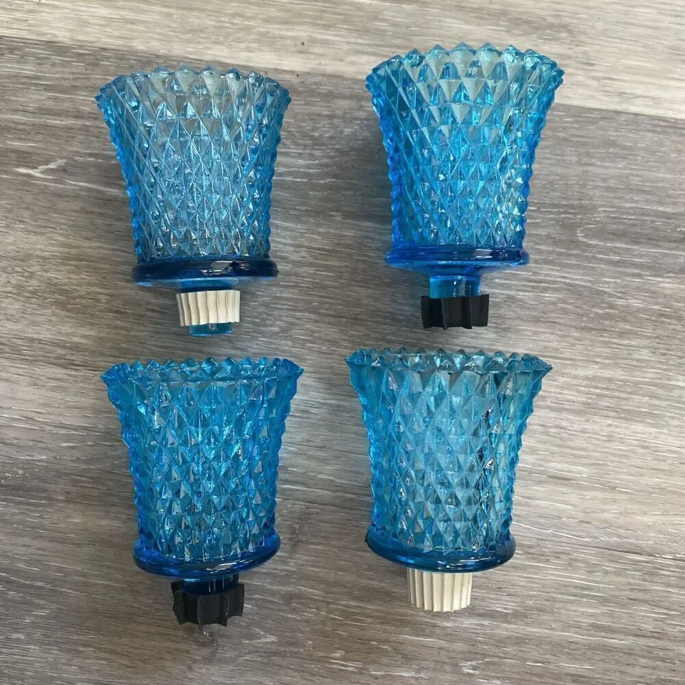 Vintage HOMCO Aqua Blue Glass Diamond Point Peg Votive Holder Set Of 4